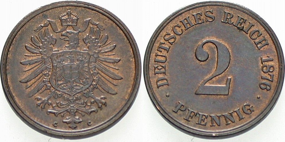 2 Pfennig 1876 J. 2 Patina, vorzüglich +
