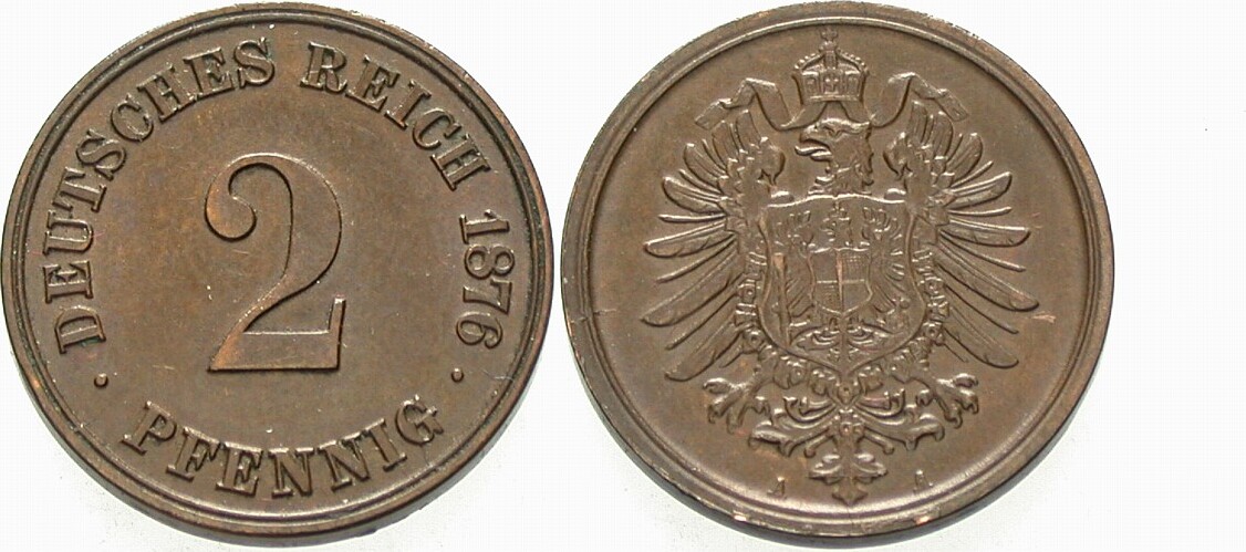 2 Pfennig 1876 J. 2 Patina, vorzüglich