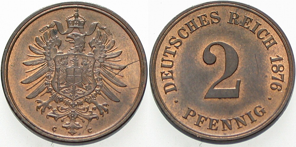 2 Pfennig 1876 J. 2 Schrötlingsriss, vorzüglich - Stempelglanz