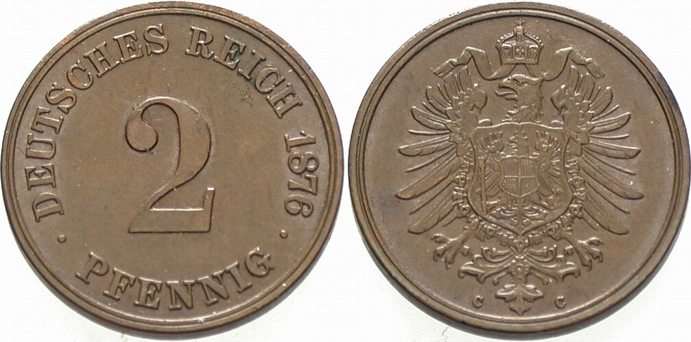 2 Pfennig 1876 J. 2 Vorzüglich - Stempelglanz