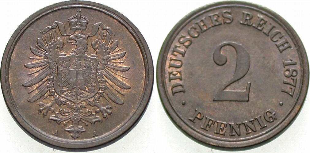 2 Pfennig 1877 J. 2 Patina, vorzüglich +