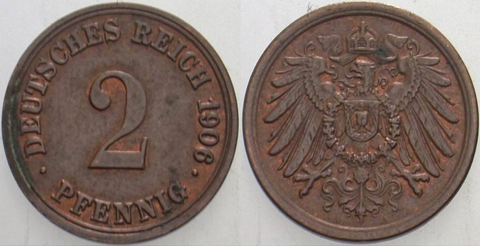 2 Pfennig 1906 J. 11 Patina, vorzüglich