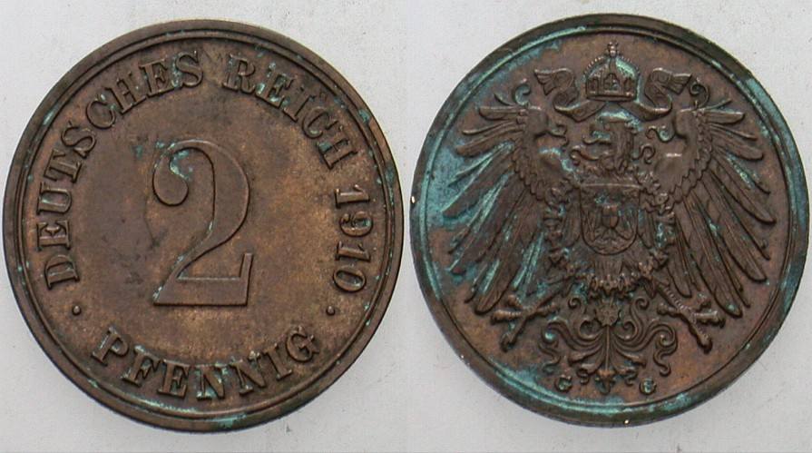 2 Pfennig 1910 J. 11 Grüner Belag, sonst vorzüglich +