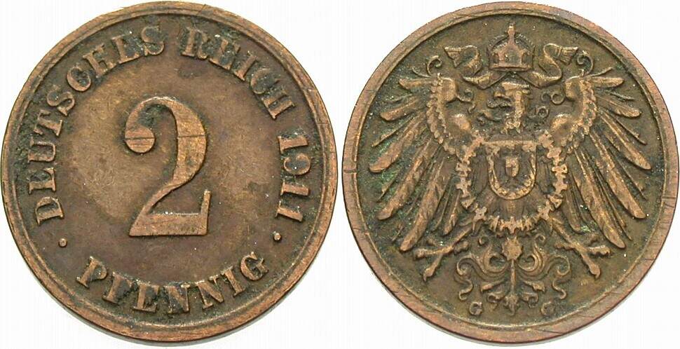 2 Pfennig 1911 J. 11 Sehr schön