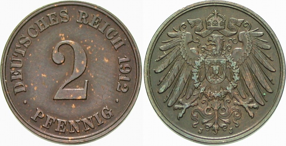 2 Pfennig 1912 J. 11 Fleckige Patina, vorzüglich