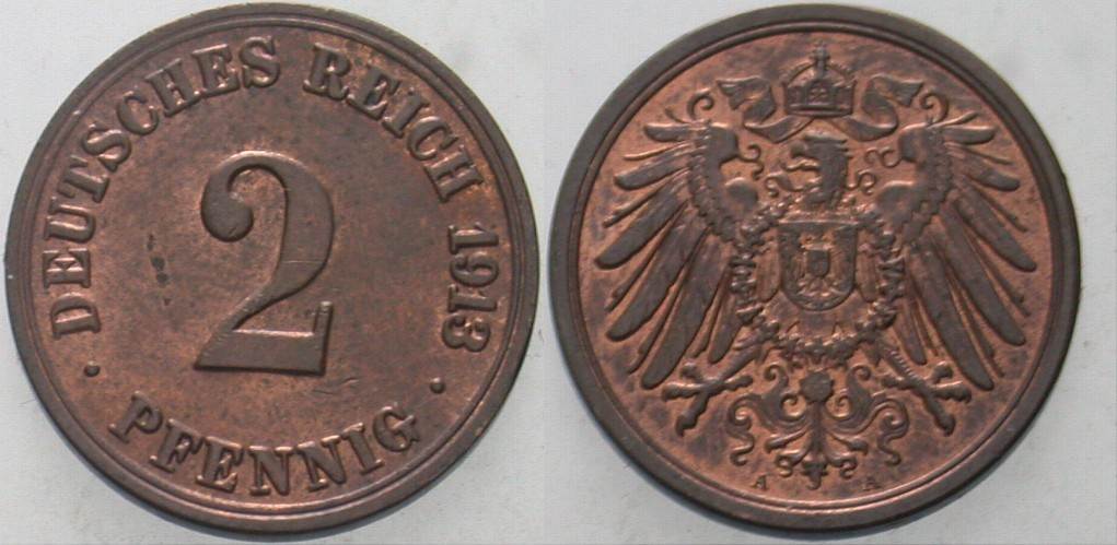 2 Pfennig 1913 J. 11 Patina, vorzüglich