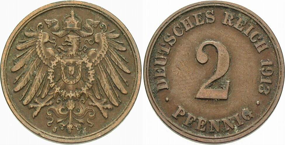 2 Pfennig 1913 J. 11 Sehr schön