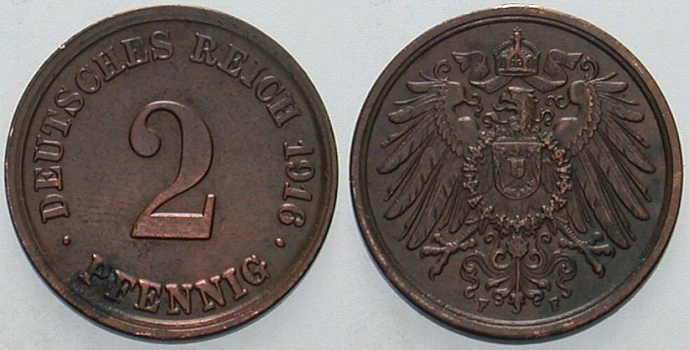 2 Pfennig 1916 J. 11 Patina, vorzüglich