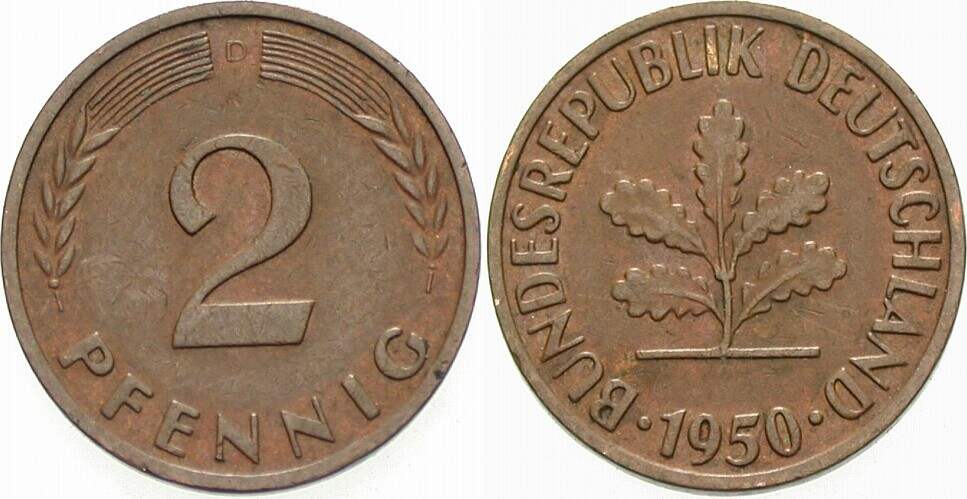 2 Pfennig 1950 J. 381 sehr schön