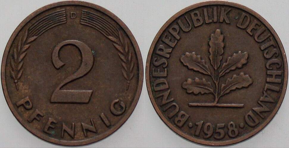 2 Pfennig 1958 J. 381 sehr schön