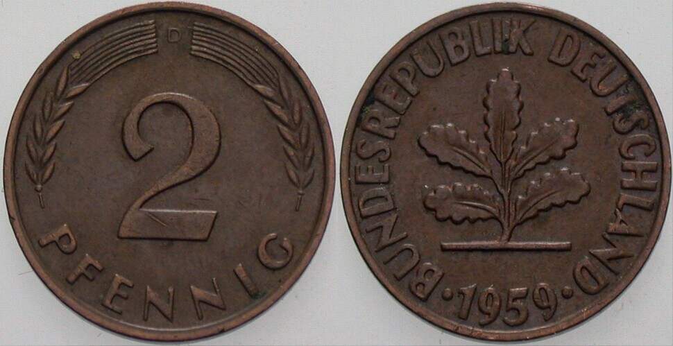 2 Pfennig 1959 J. 381 sehr schön