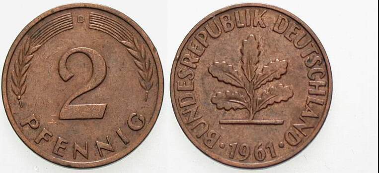 2 Pfennig 1961 J. 381 sehr schön