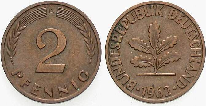2 Pfennig 1962 J. 381 sehr schön