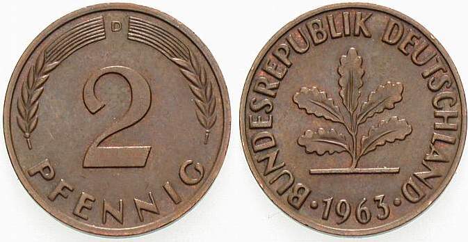 2 Pfennig 1963 J. 381 sehr schön