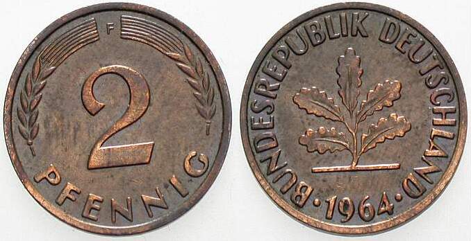 2 Pfennig 1964 J. 381 sehr schön