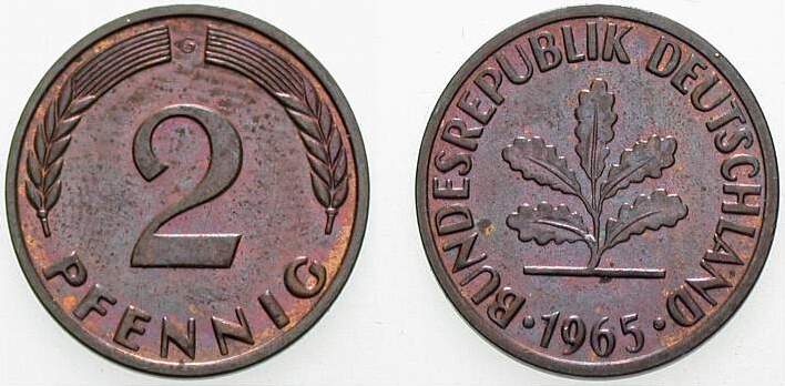 2 Pfennig 1965 J. 381 K. 10 Patina, vorzüglich - Stempelglanz