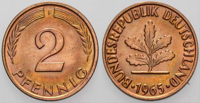2 Pfennig 1965 J. 381 Prägefrisch aus Originalrolle