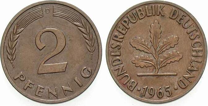 2 Pfennig 1965 J. 381 sehr schön