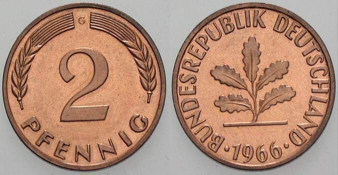 2 Pfennig 1966 J. 381 K. 10 zaponiert, Polierte Platte
