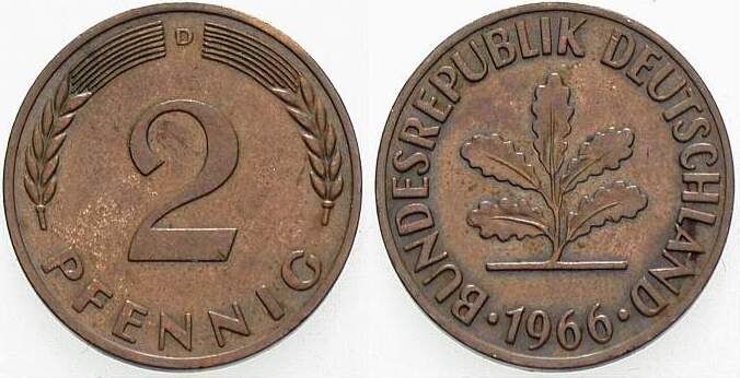 2 Pfennig 1966 J. 381 sehr schön