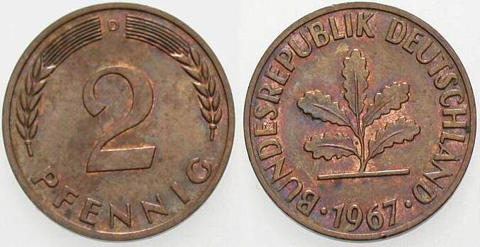 2 Pfennig 1967 J. 381 Sehr schön