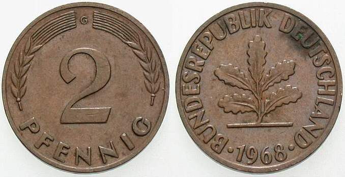 2 Pfennig 1968 J. 381 sehr schön