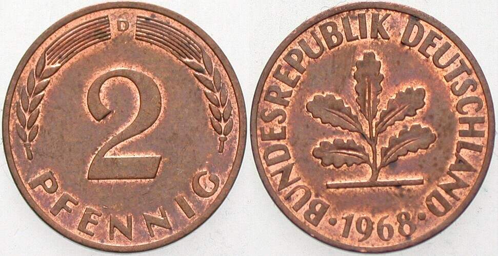 2 Pfennig 1968 J. 381a sehr schön