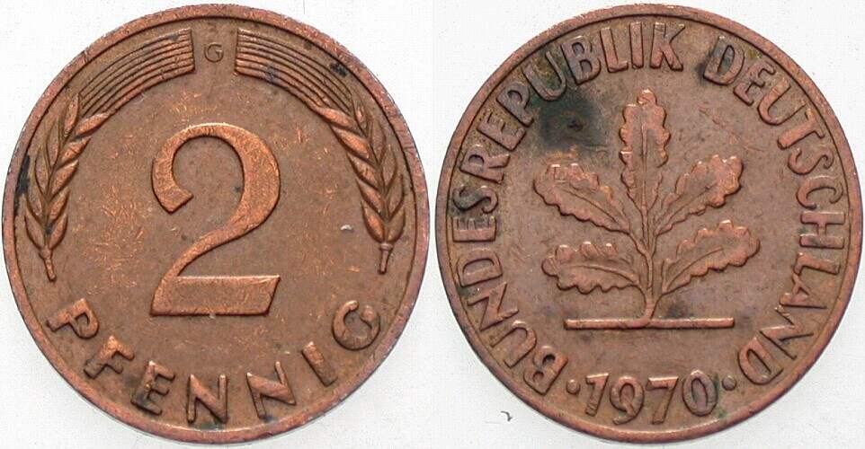 2 Pfennig 1970 J. 381a sehr schön