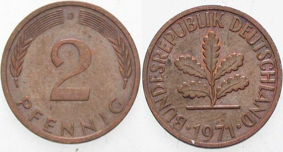 2 Pfennig 1971 J. 381a sehr schön