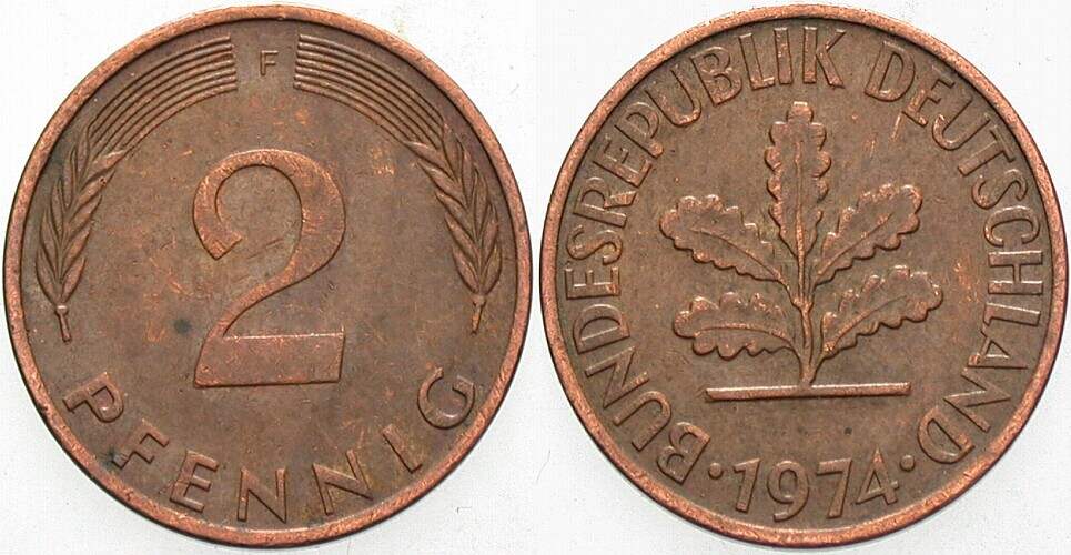 2 Pfennig 1974 J. 381a sehr schön