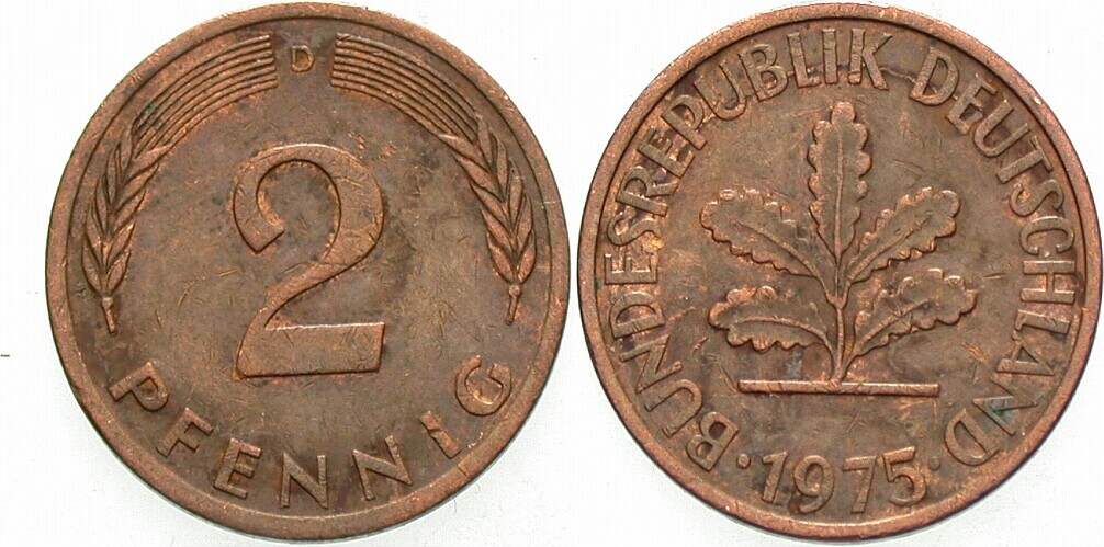 2 Pfennig 1975 J. 381a sehr schön