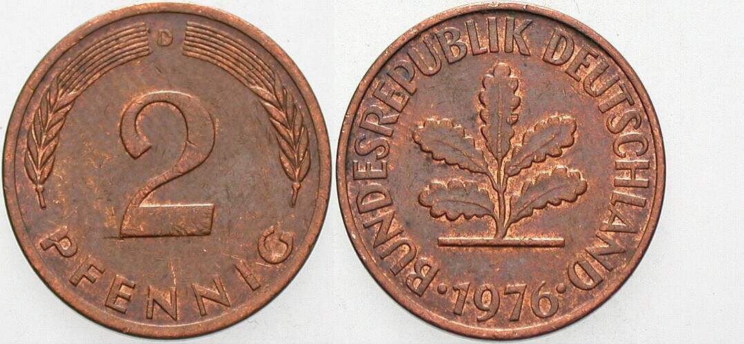 2 Pfennig 1976 J. 381a sehr schön