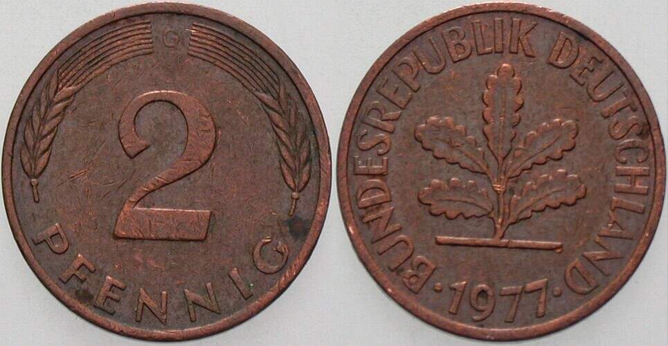 2 Pfennig 1977 J. 381a sehr schön