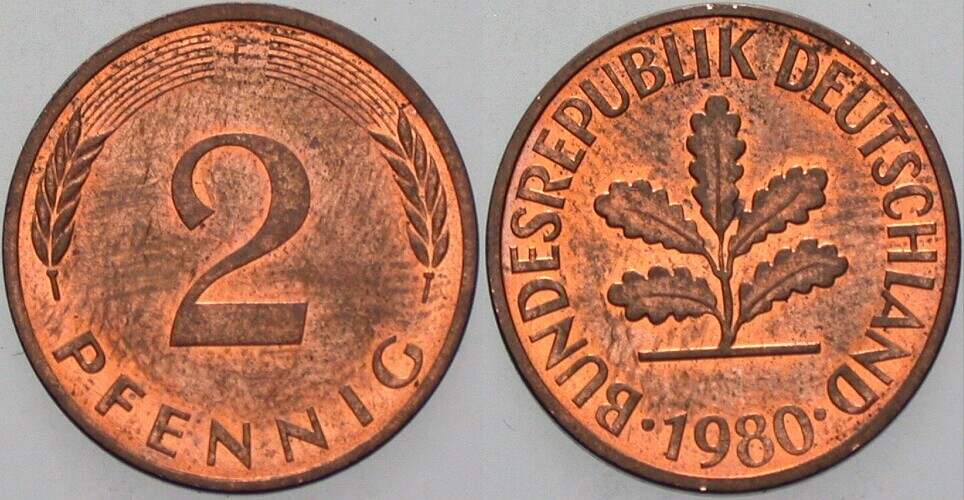 2 Pfennig 1980 J. 381a sehr schön