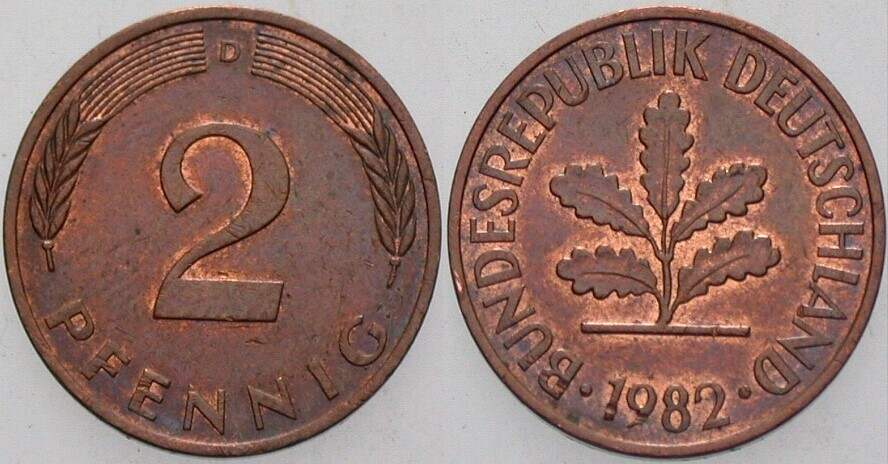 2 Pfennig 1982 J. 381a sehr schön
