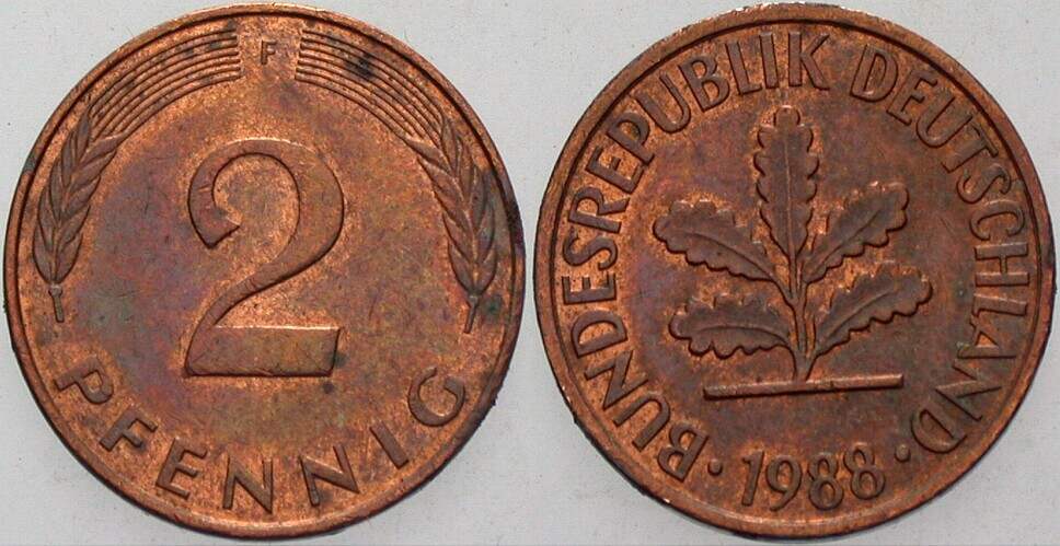 2 Pfennig 1988 J. 381a sehr schön