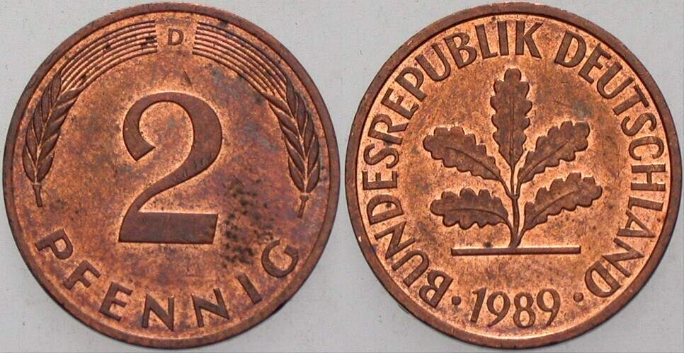 2 Pfennig 1989 J. 381a sehr schön