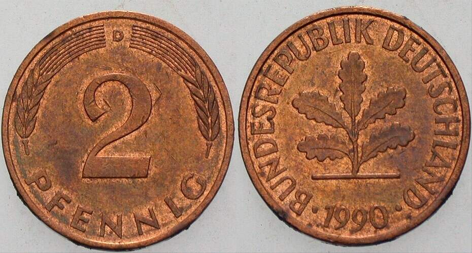 2 Pfennig 1990 J. 381a sehr schön