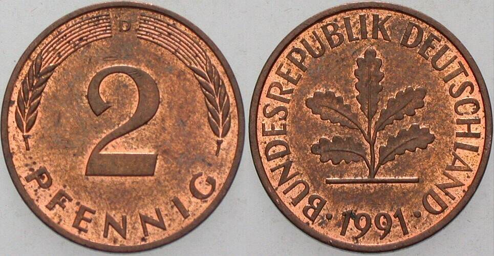 2 Pfennig 1991 J. 381a sehr schön