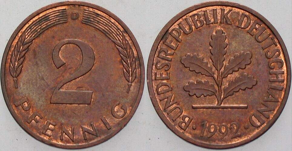 2 Pfennig 1992 J. 381a sehr schön