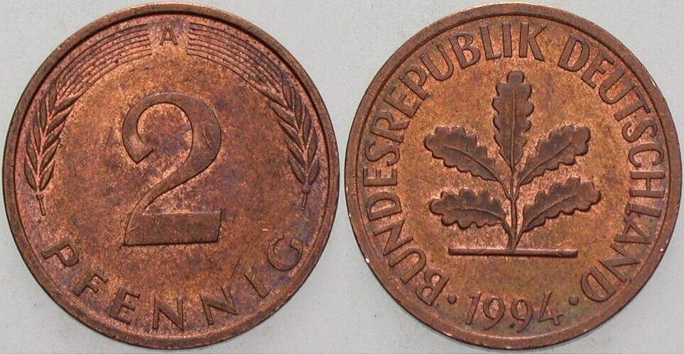 2 Pfennig 1994 J. 381a sehr schön