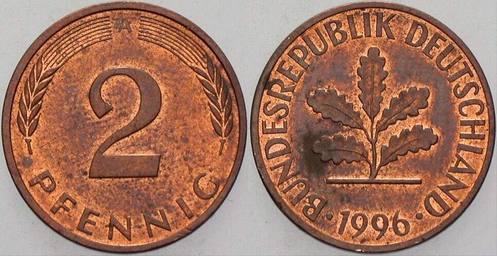 2 Pfennig 1996 J. 381a sehr schön