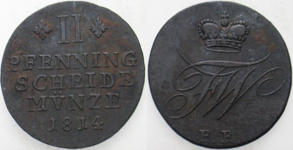 2 Pfennige 1814 Jaeger 206 a AKS 16 Belag, fast sehr schön