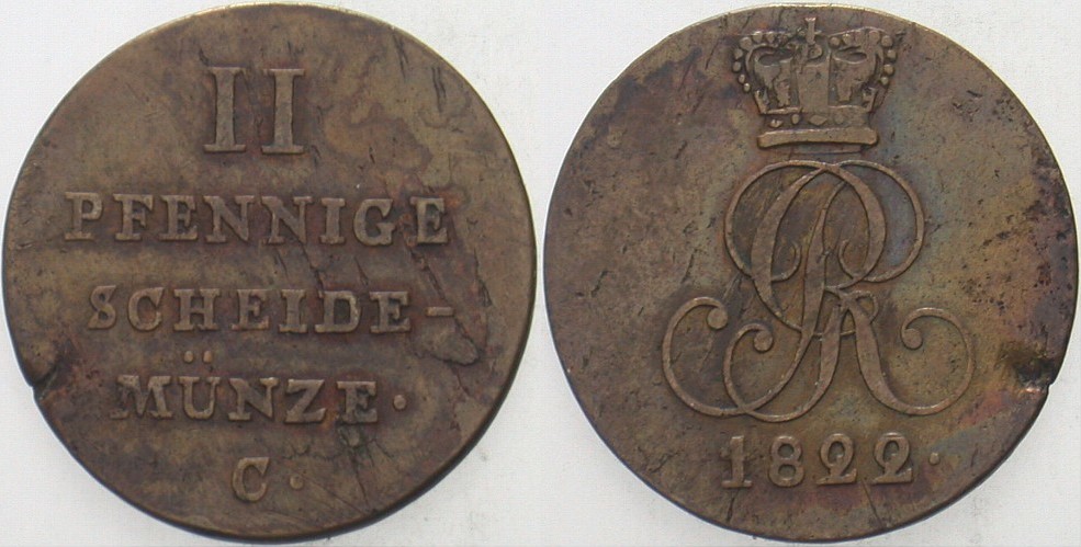 2 Pfennige 1822 Jaeger 8 AKS 47 Schrötlingsfehler, schön - sehr schön