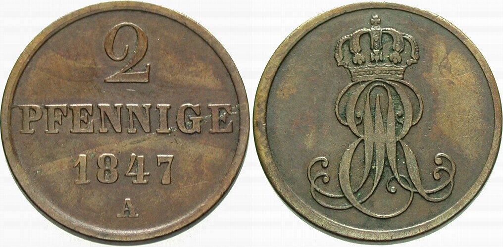 2 Pfennige 1847 Jaeger 75 AKS 125 Sehr schön