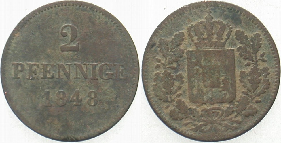 2 Pfennige 1848 Jaeger 57 AKS 91 Patina, Rdf., fast sehr schön