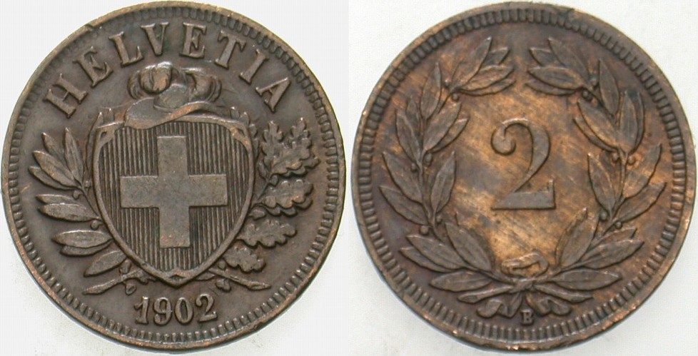2 Rappen 1902  Patina, sehr schön