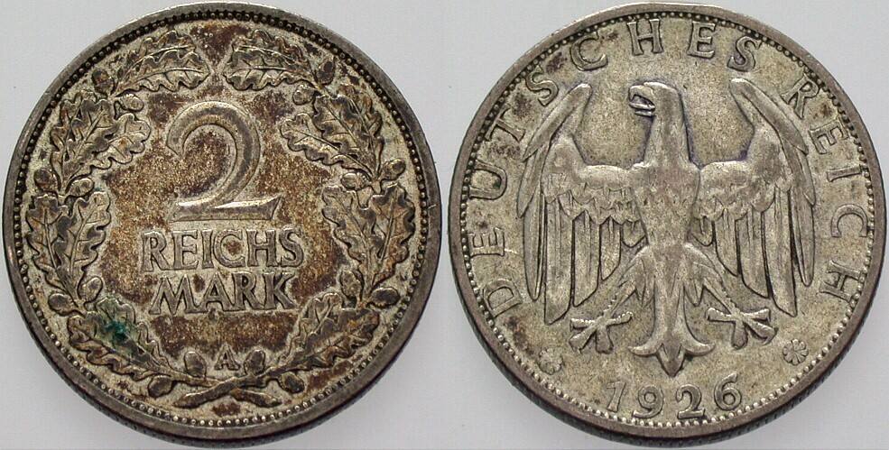 2 Reichsmark 1926 J. 320 Patina, sehr schön +