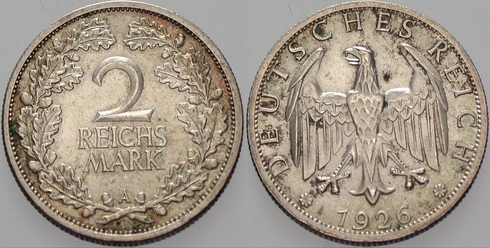 2 Reichsmark 1926 J. 320 Patina, vorzüglich +