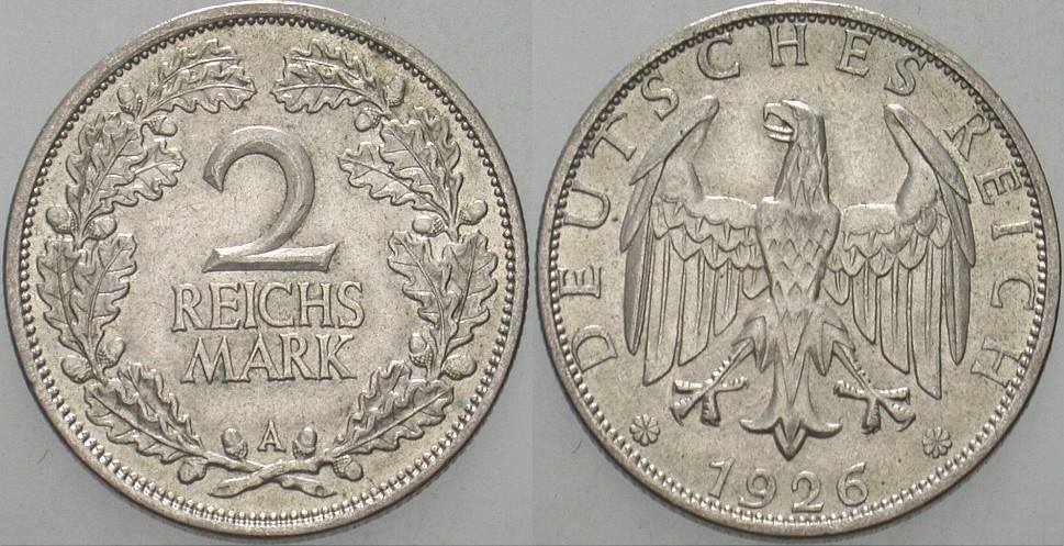 2 Reichsmark 1926 J. 320 Vorzüglich